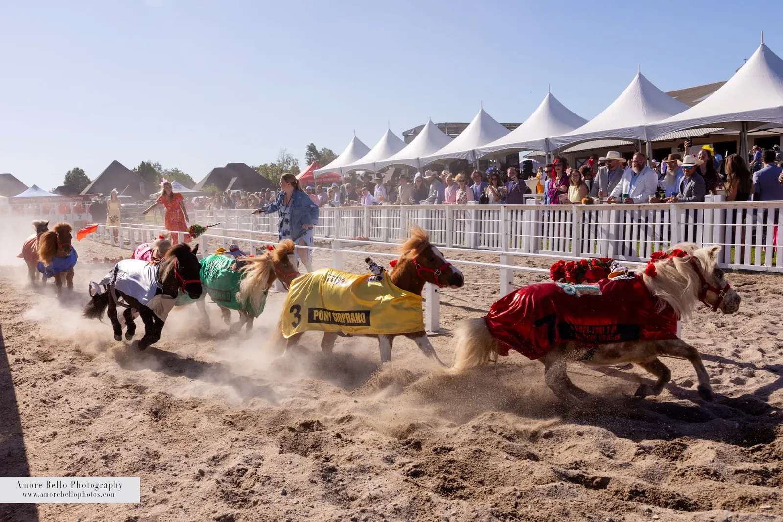 Minis racing past a packed tent line