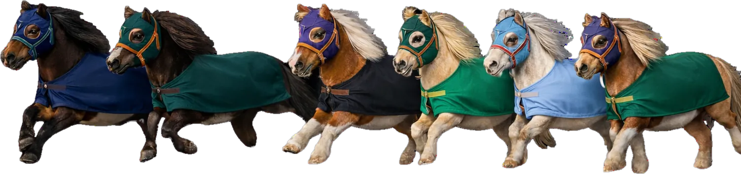 Six miniature horses in racing hoods and blankets running in a line